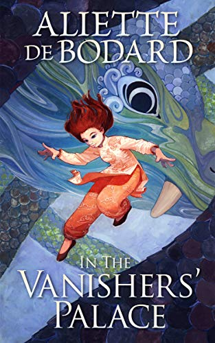 The cover for Alliette de Bodard's In the Vanishers' Palace. It features a woman wearing Vietnamese-inspired clothing in a peach and red color palette seeming falling feet-first through mid air. Coiling around her is a large green and blue Asian dragon, though only part of it's head around the eye and several lengths of the massive dragon are visible.