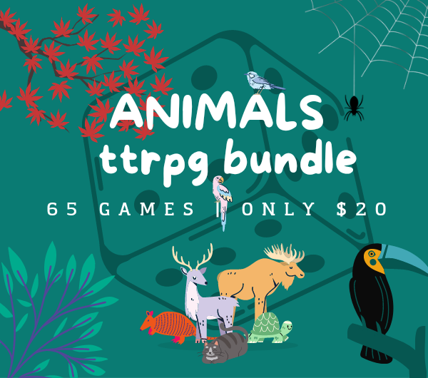 TTRPG Animals Bundle promotional art. It says that the bundle contains 65 games for only $20.